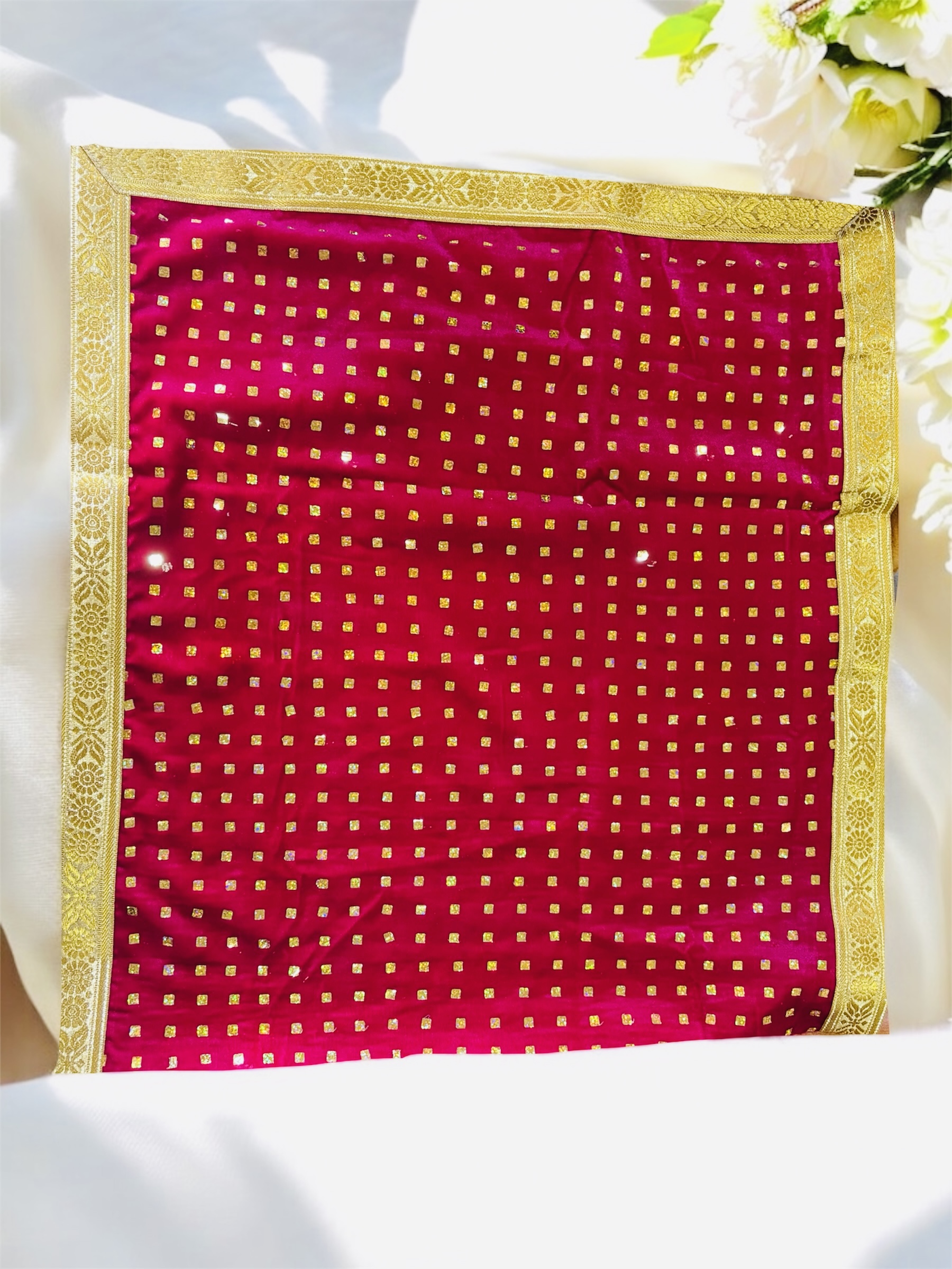 Pink Altar / Temple Cloth ( Mandir Aasan ) Cloth with Gold Border