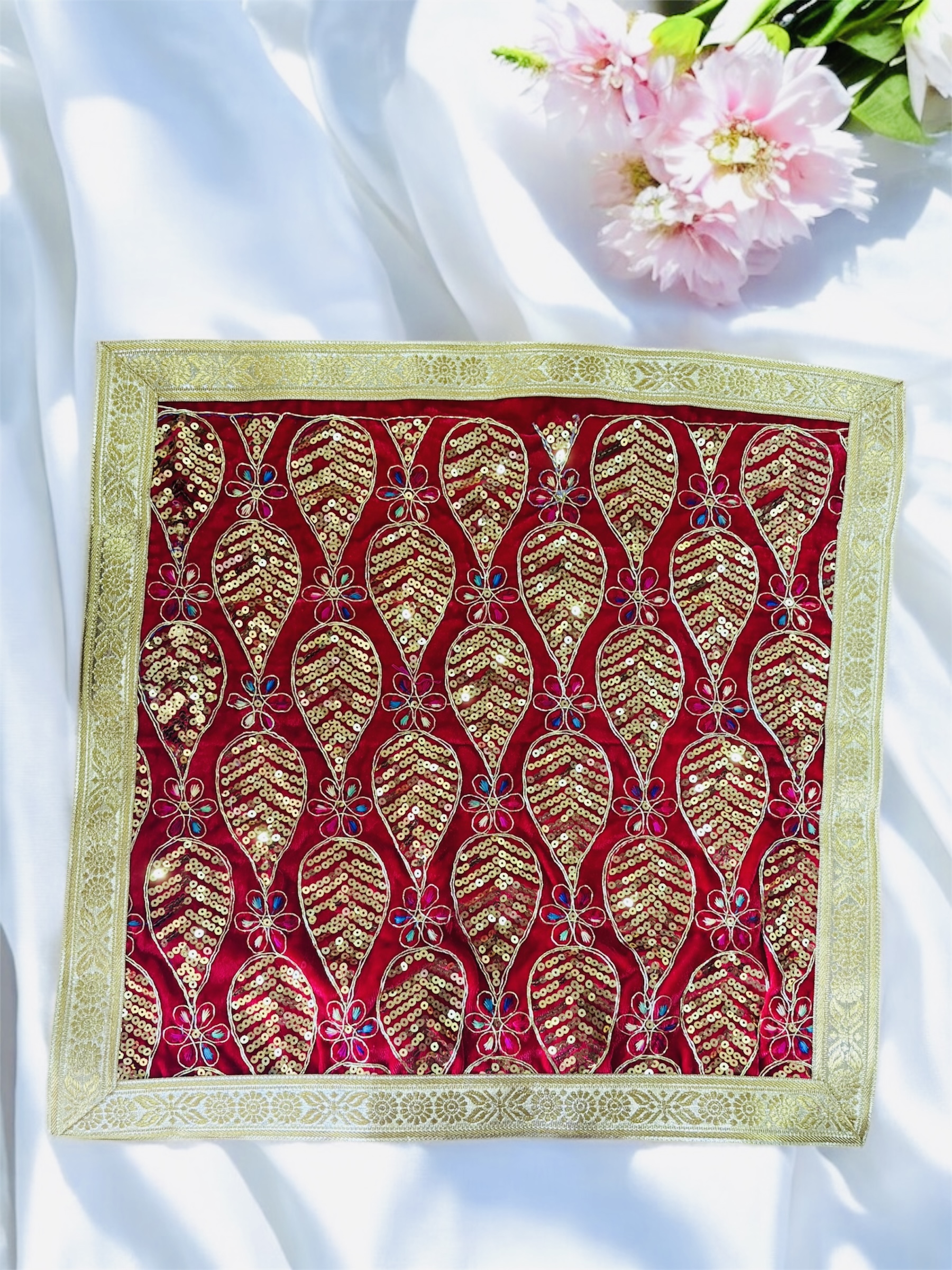Red Temple Cloth with Gold Floral Border & Drop Motif
