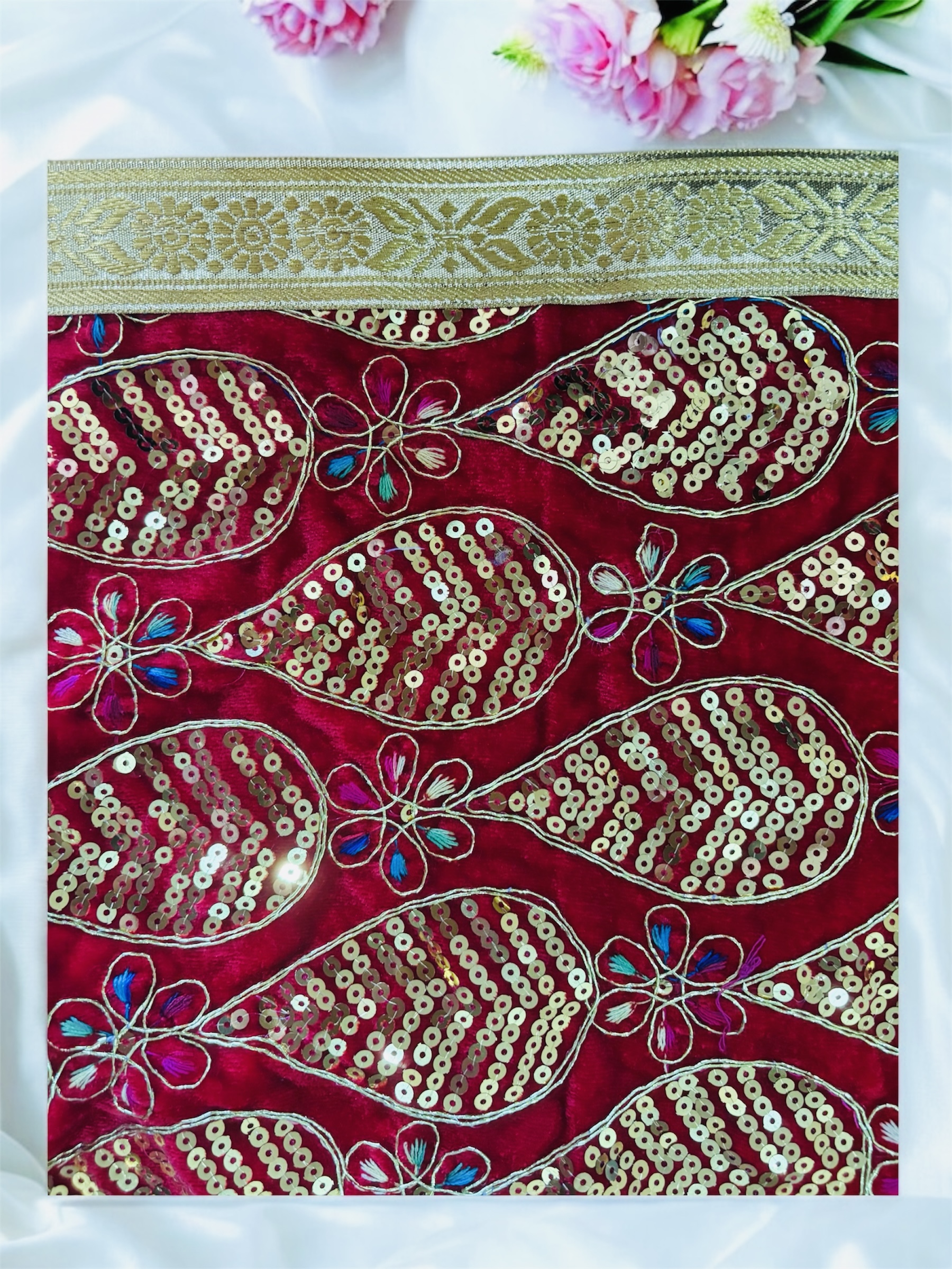 Red Temple Cloth with Gold Floral Border & Drop Motif thumbnail 2