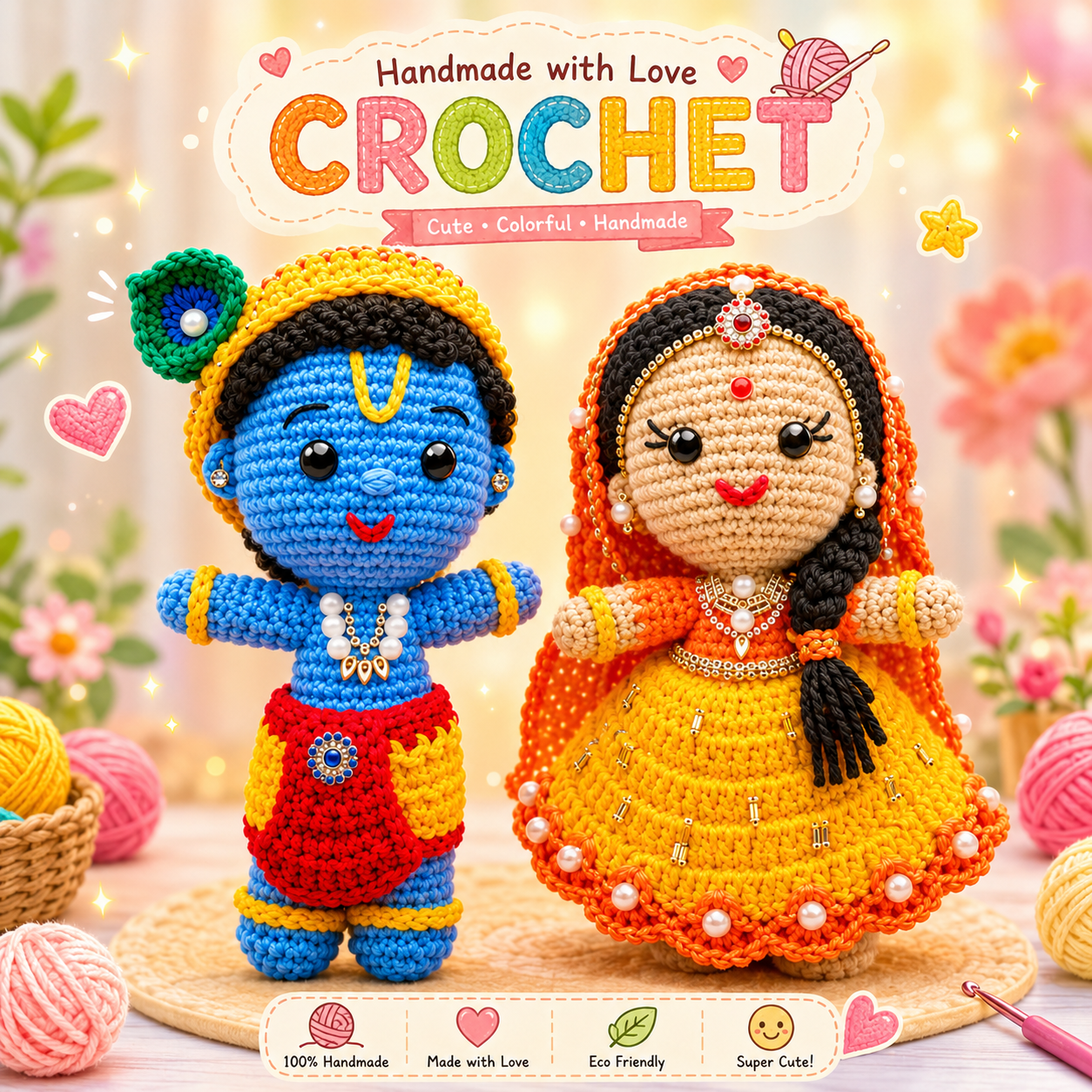 Handmade 8 Inch Shri Radha Krishna Crochet Figurines