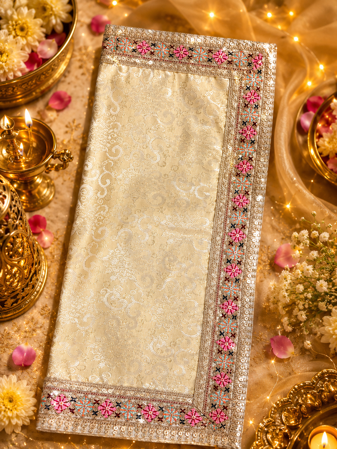 Śrī Kishori Kusuma Vastram – Premium Peach Floral Temple Cloth thumbnail 3