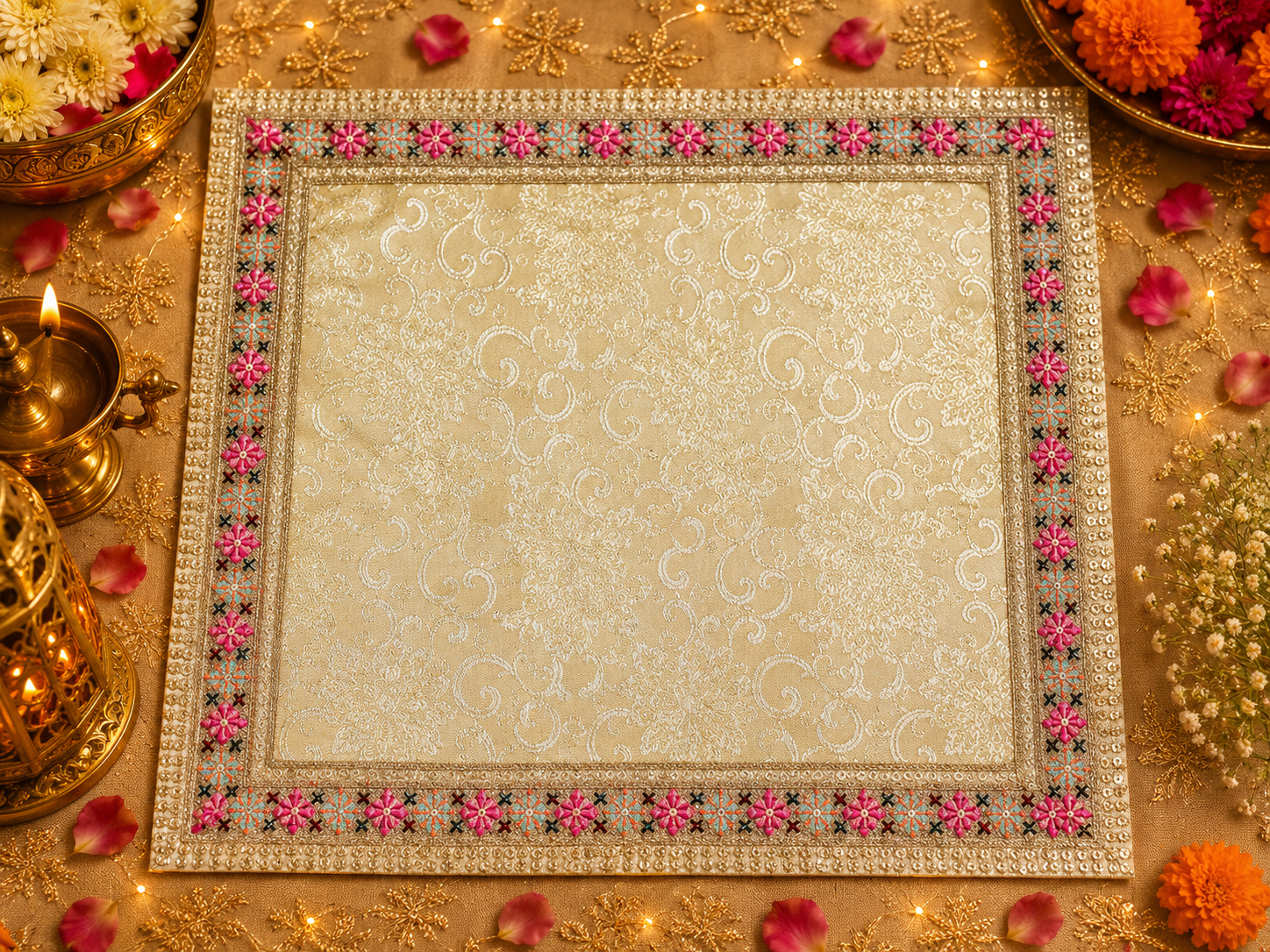 Śrī Kishori Kusuma Vastram – Premium Peach Floral Temple Cloth thumbnail 2