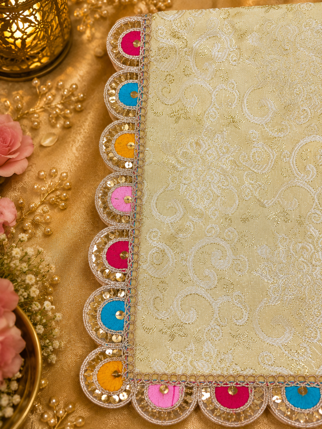 Śrī Kishori Kusuma Vastram – Premium Peach Floral Temple Cloth thumbnail 4