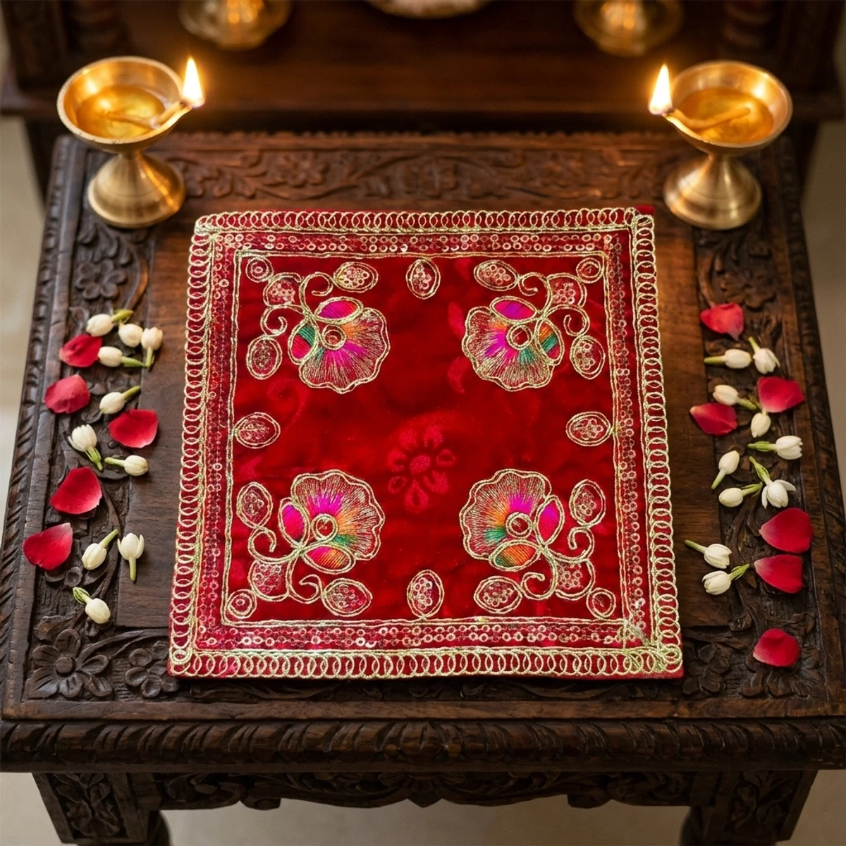 KunjMadhur Temple Cloth ( Mandir Aasan ) - Handcrafted Designer Radha Krishna & Laddu Gopal Poshak Dress | Hare Krsna Attires