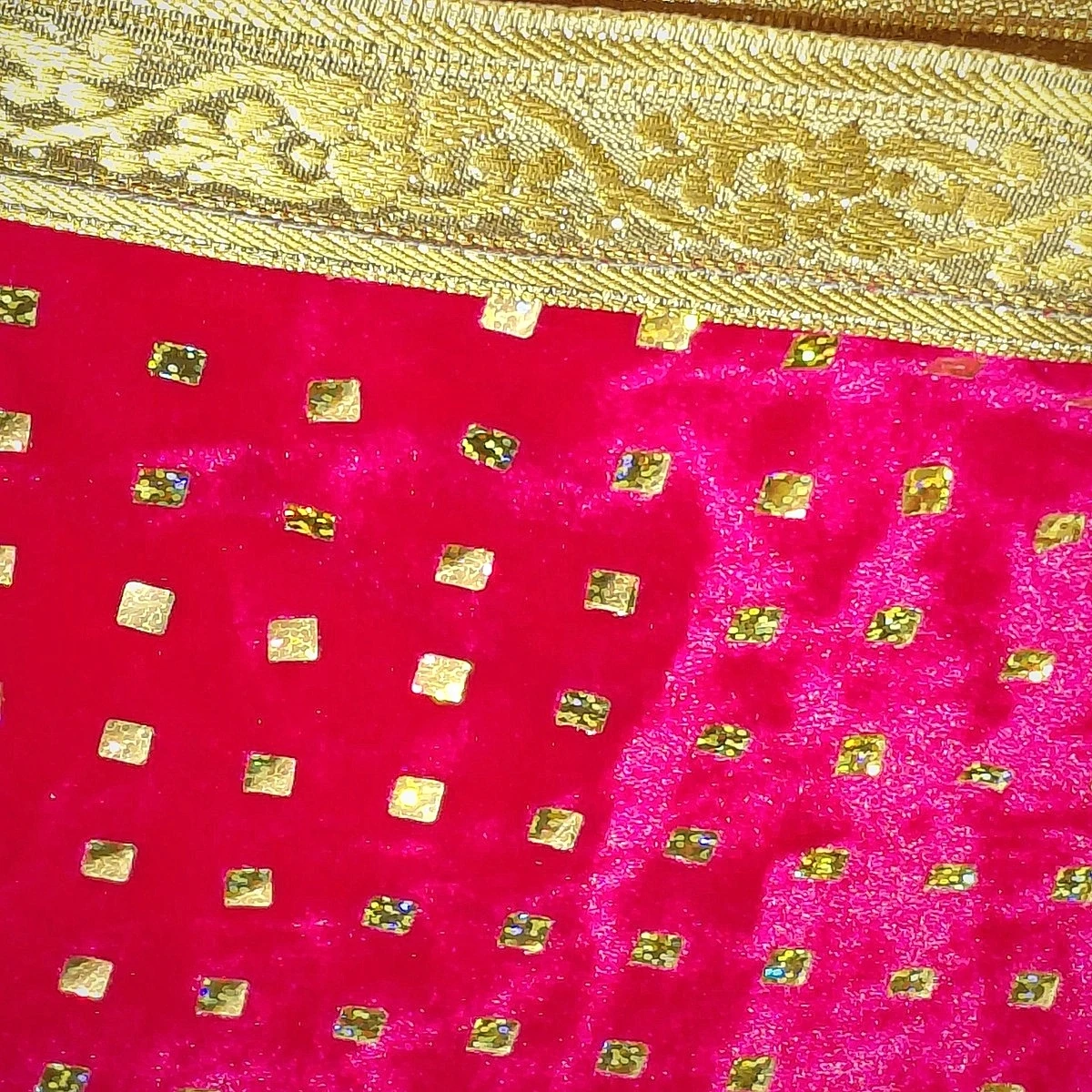 Intricate 24K Metallic Gold Thread Floral Vine Zari Border Lace on Deep Ruby Red Velvet