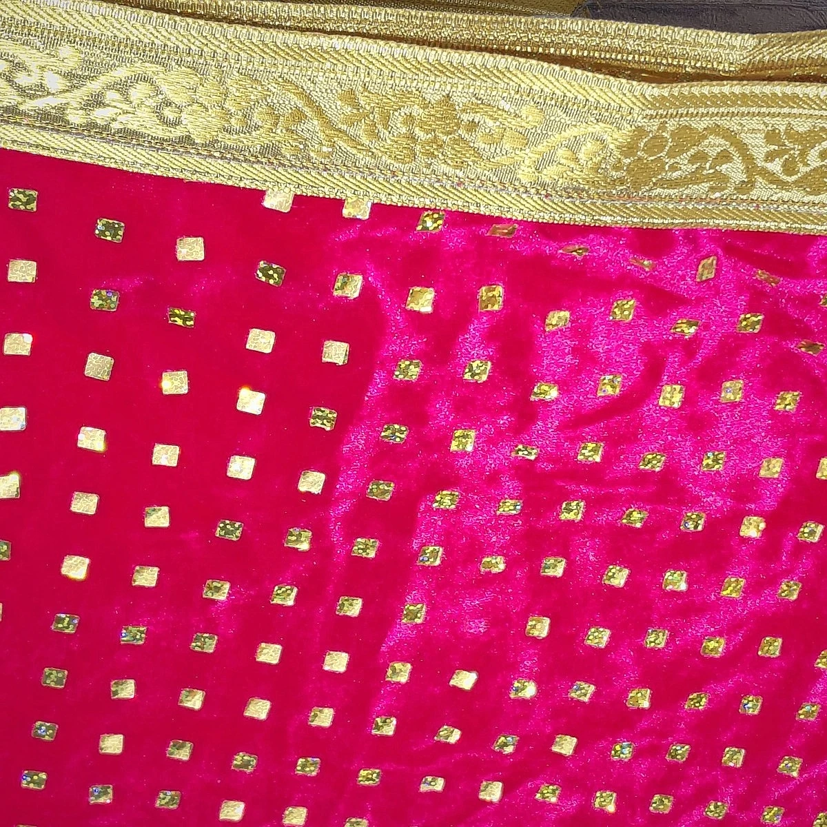 Regal Gold Zari Border and Symmetrical Holographic Square Gold Sequin Booti Grid for Mandir Aasan