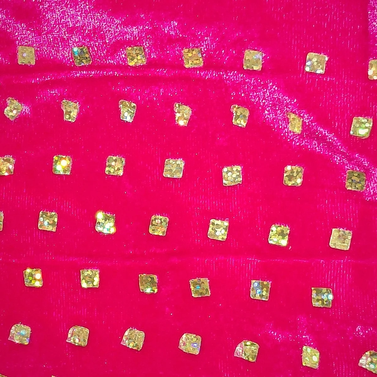 Macro View of Royal Ruby Red Plush Velvet Pile and Prismatic Shimmering Square Gold Studs